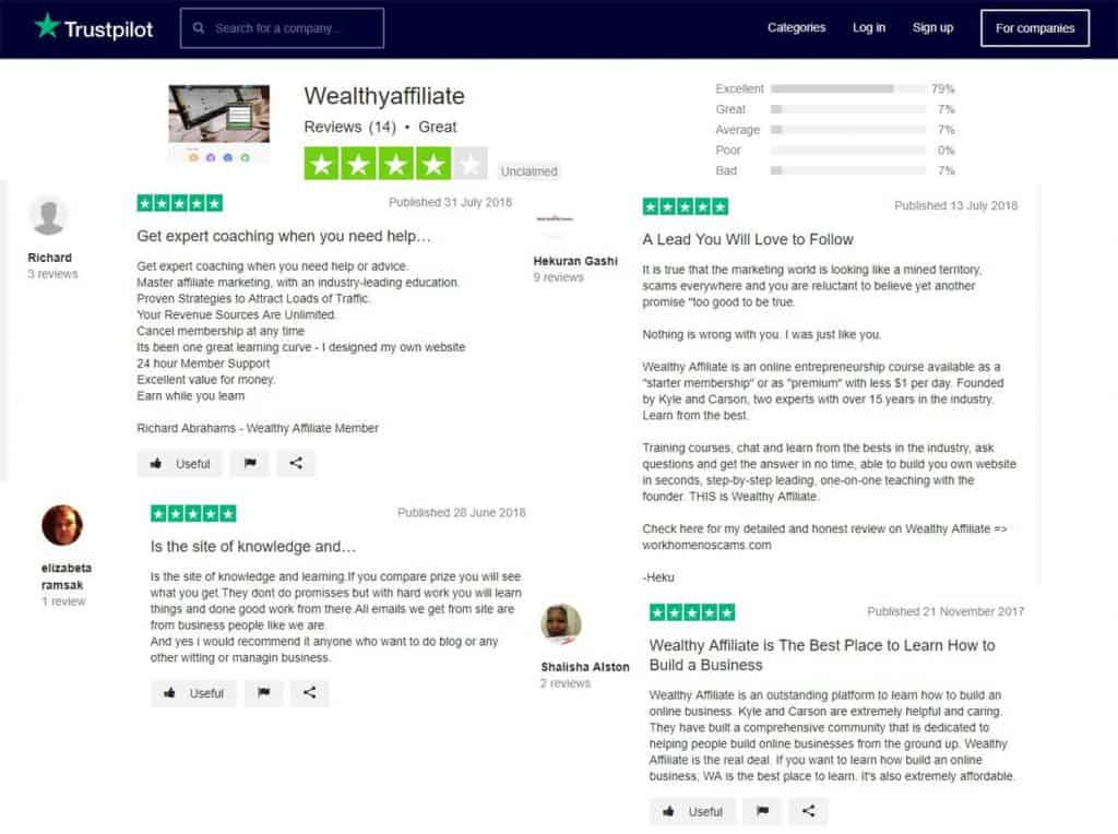 Wealthy Affiliate review TrustPilot 